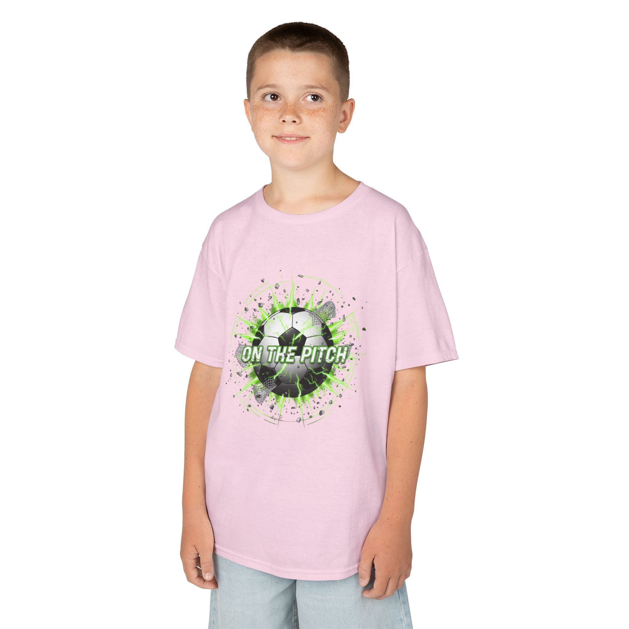 Kids Soccer T‑Shirt — 'On The Pitch' Green Splatter Design