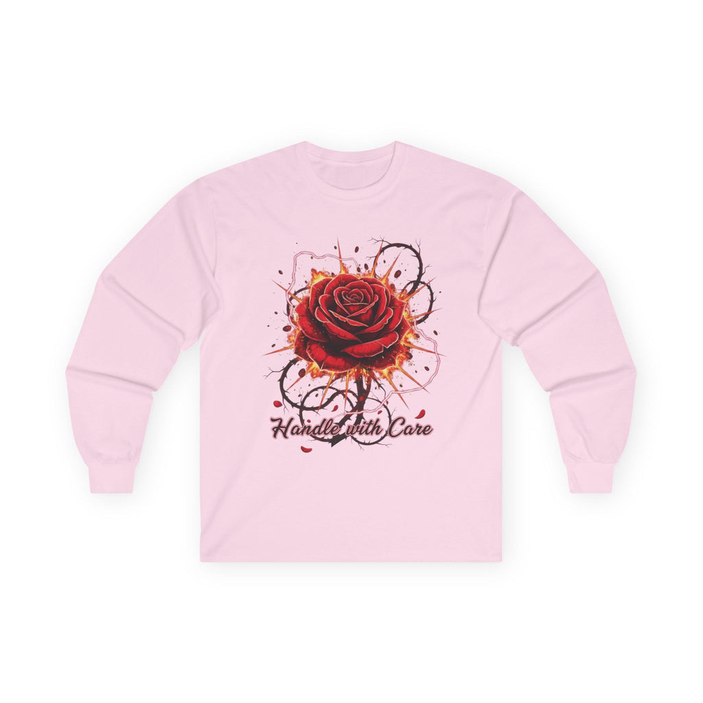 Long Sleeve Tee — Red Rose "Handle With Care" Graphic