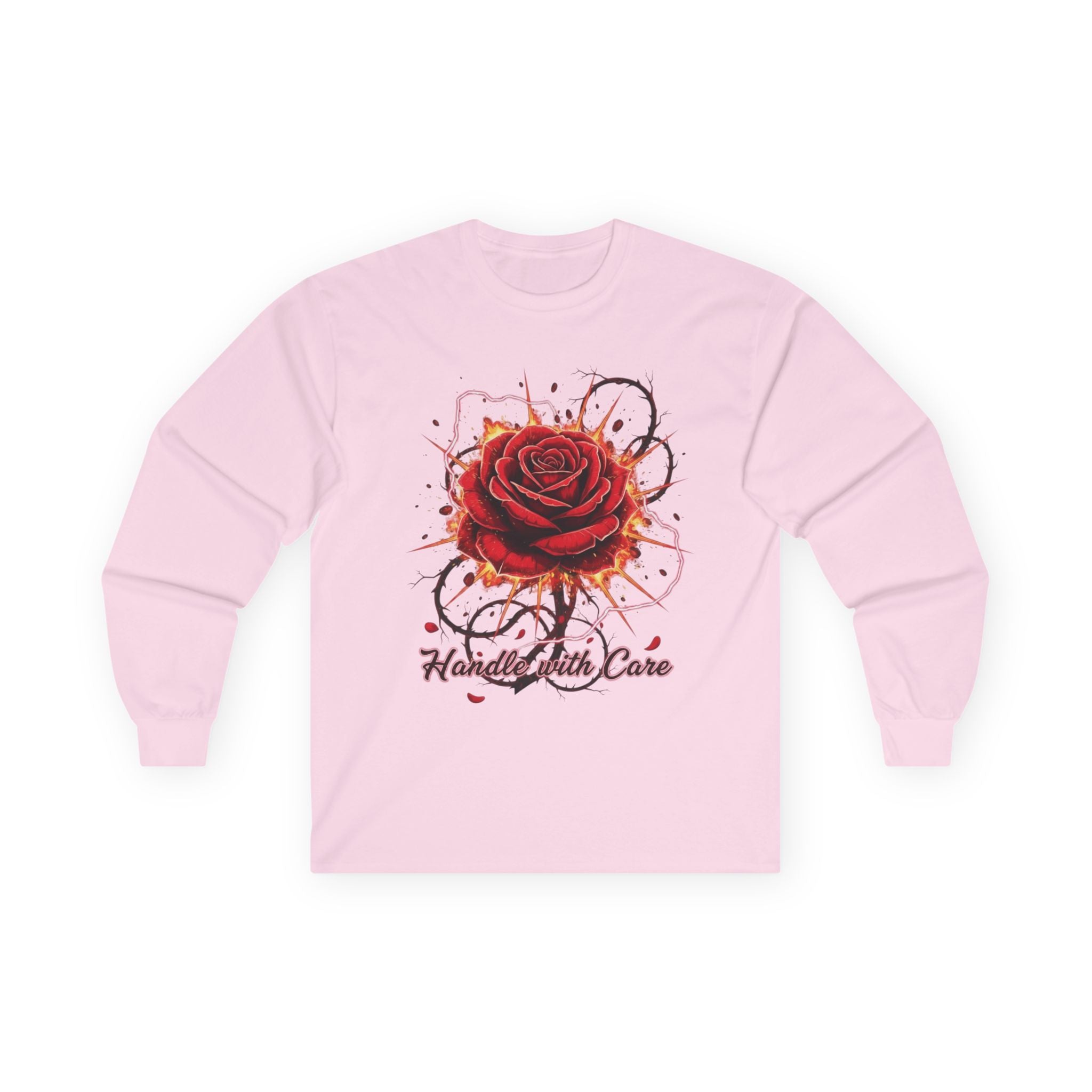Long Sleeve Tee — Red Rose "Handle With Care" Graphic