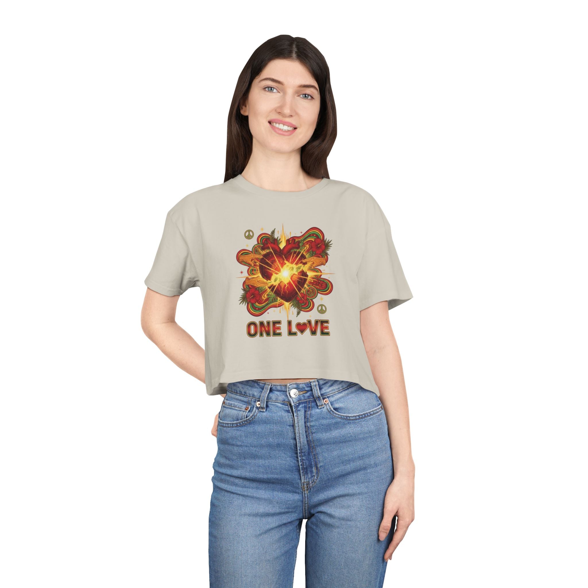 One Love Retro Heart Crop Tee — Women's Peace & Flower Power Graphic
