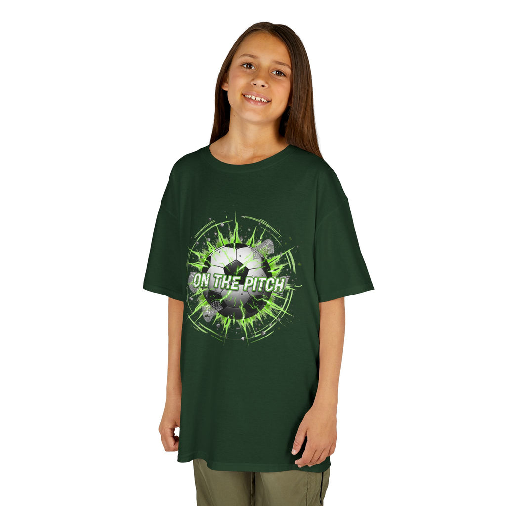 Kids Soccer T‑Shirt — 'On The Pitch' Green Splatter Design