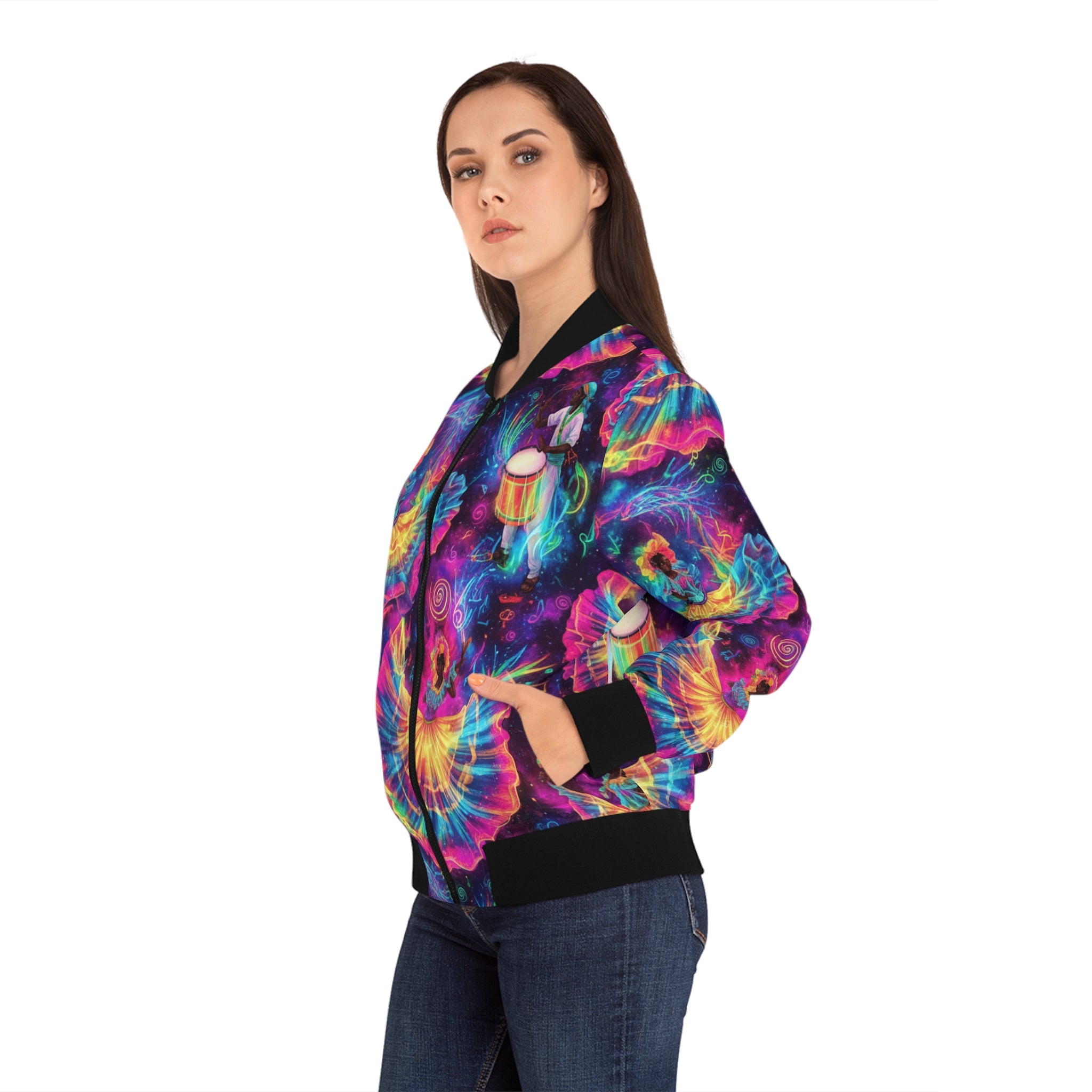 La Bomba Cósmica Bomber Jacket — Neon Dance Fiesta All-Over Print