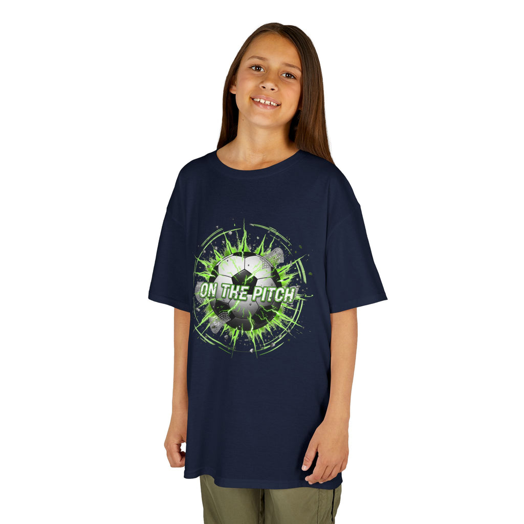 Kids Soccer T‑Shirt — 'On The Pitch' Green Splatter Design