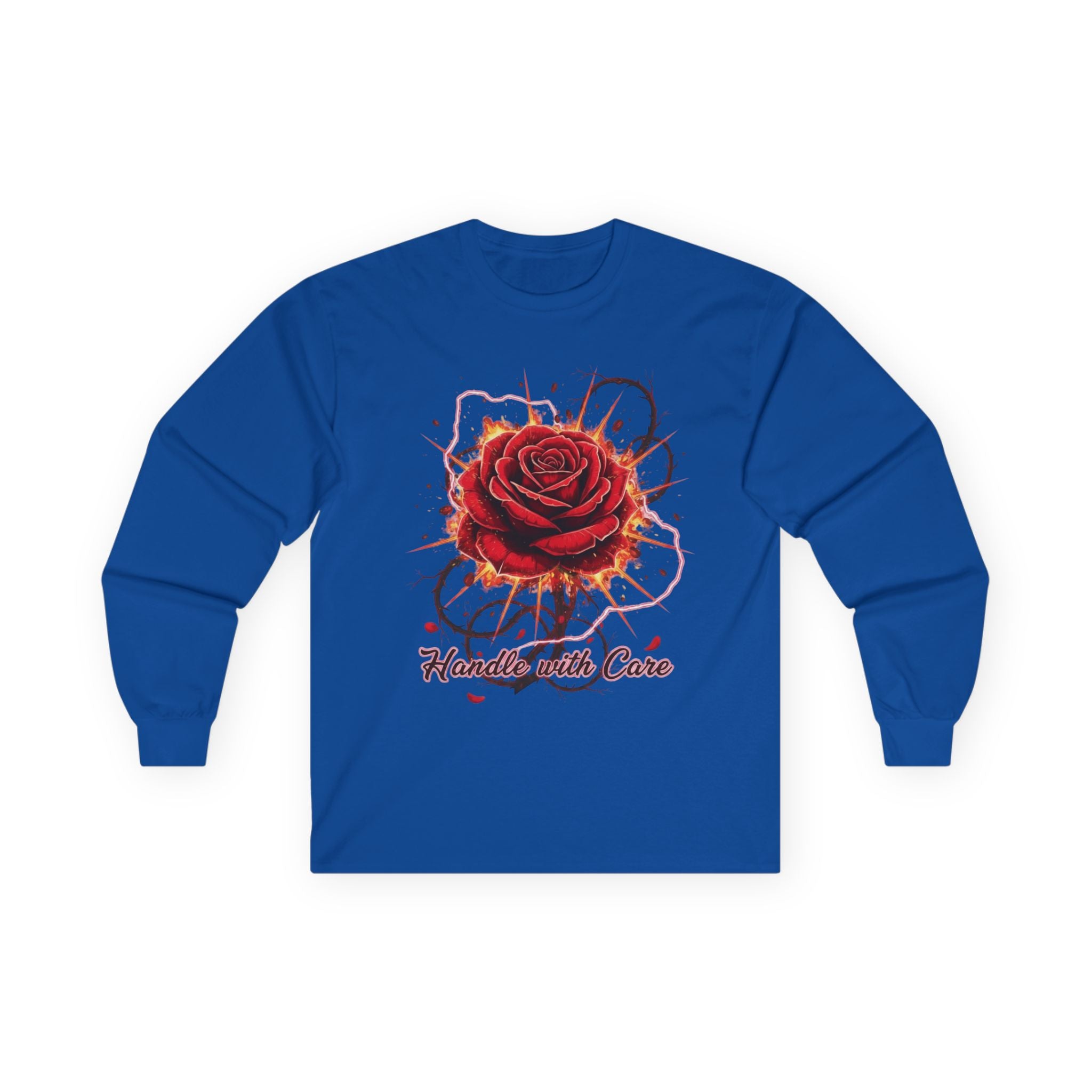 Long Sleeve Tee — Red Rose "Handle With Care" Graphic