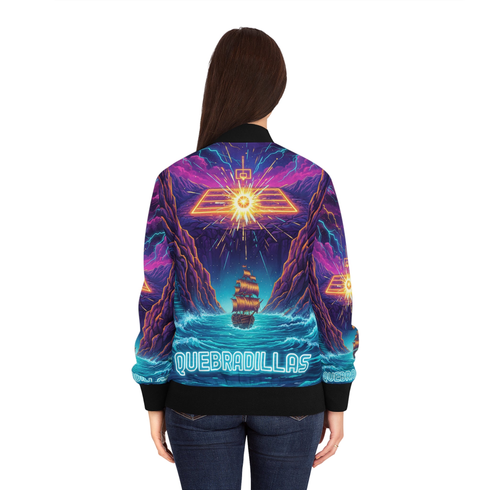 Quebradillas: El Pirata Cósmico Bomber Jacket — 'Quebradillas' Neon Nautical Design