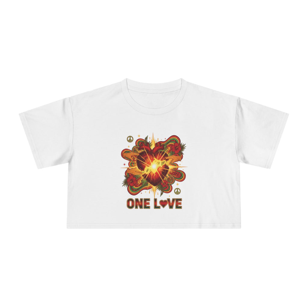 One Love Retro Heart Crop Tee — Women's Peace & Flower Power Graphic