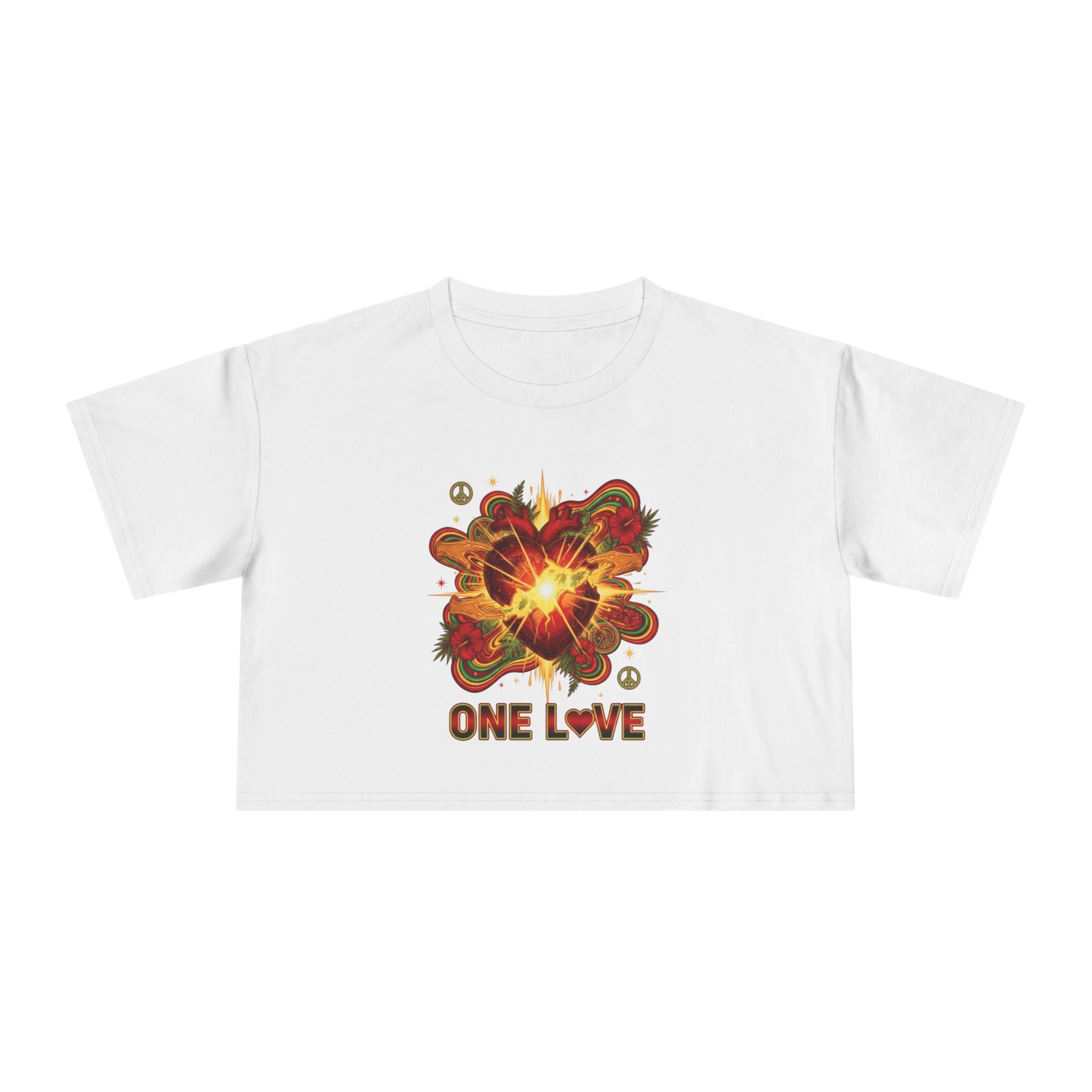 One Love Retro Heart Crop Tee — Women's Peace & Flower Power Graphic