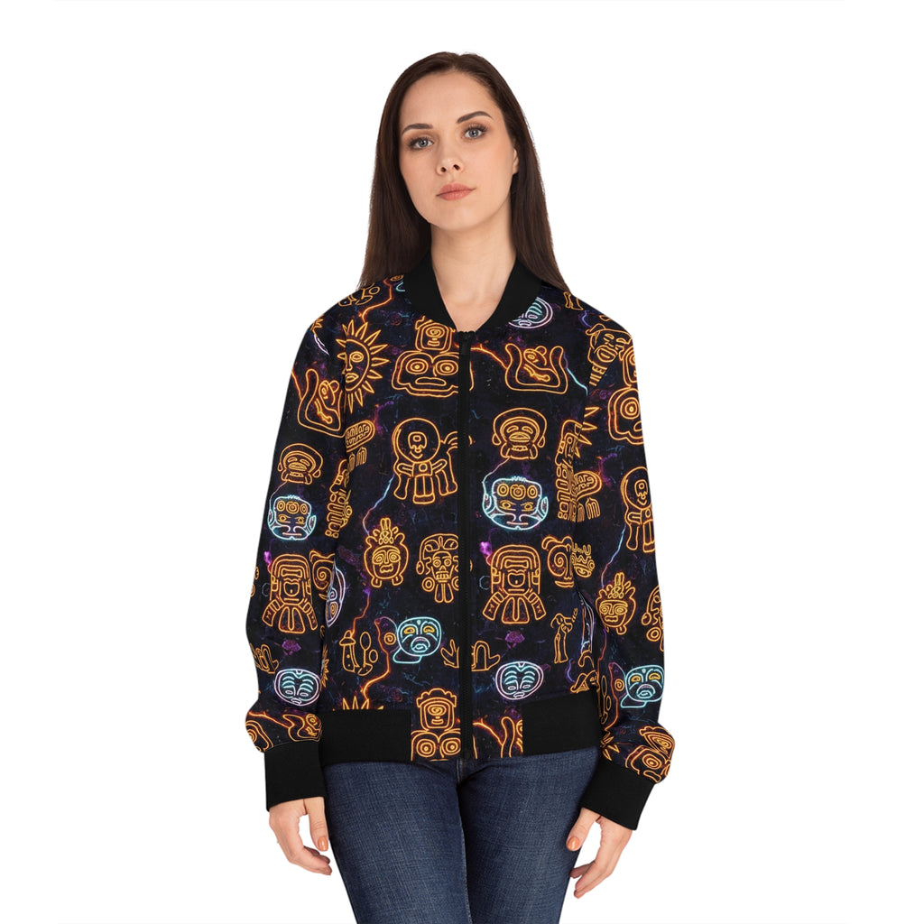 Los Petroglifos Bomber Jacket — Neon Tribal Icons