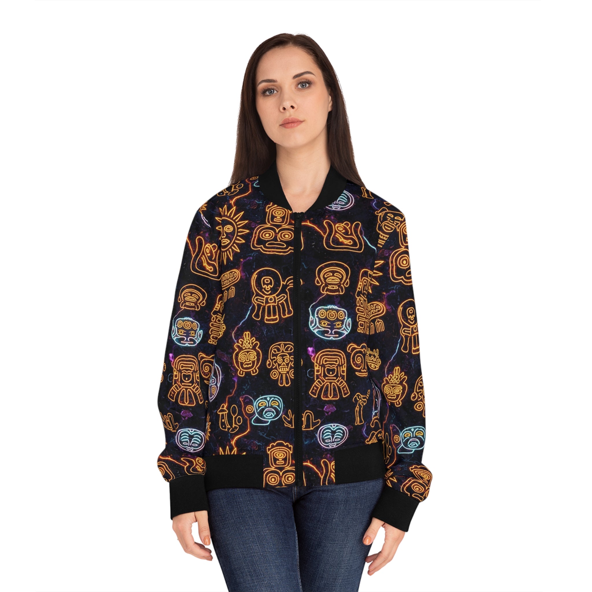 Los Petroglifos Bomber Jacket — Neon Tribal Icons