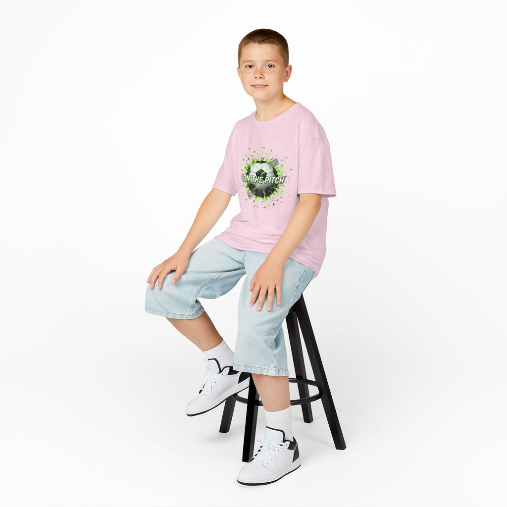 Kids Soccer T‑Shirt — 'On The Pitch' Green Splatter Design