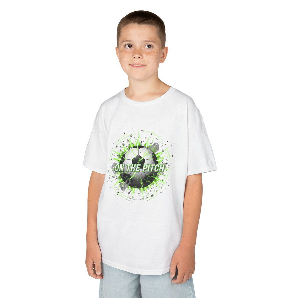 Kids Soccer T‑Shirt — 'On The Pitch' Green Splatter Design