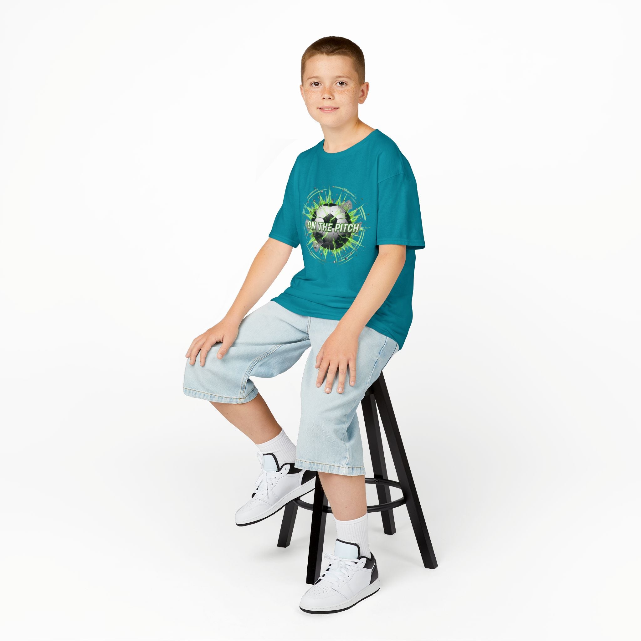 Kids Soccer T‑Shirt — 'On The Pitch' Green Splatter Design