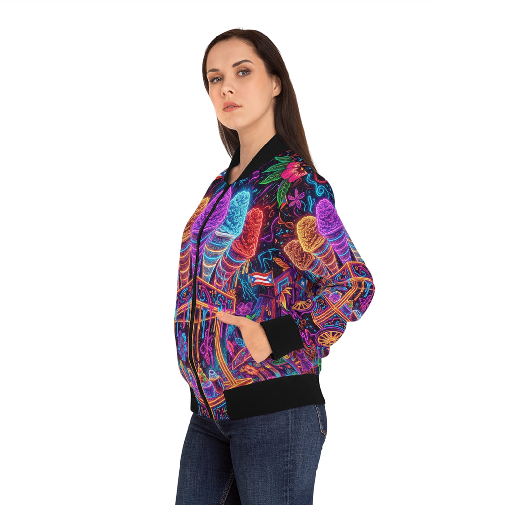 La Piragua Cósmica Bomber Jacket — Neon Carnival Women's Bomber