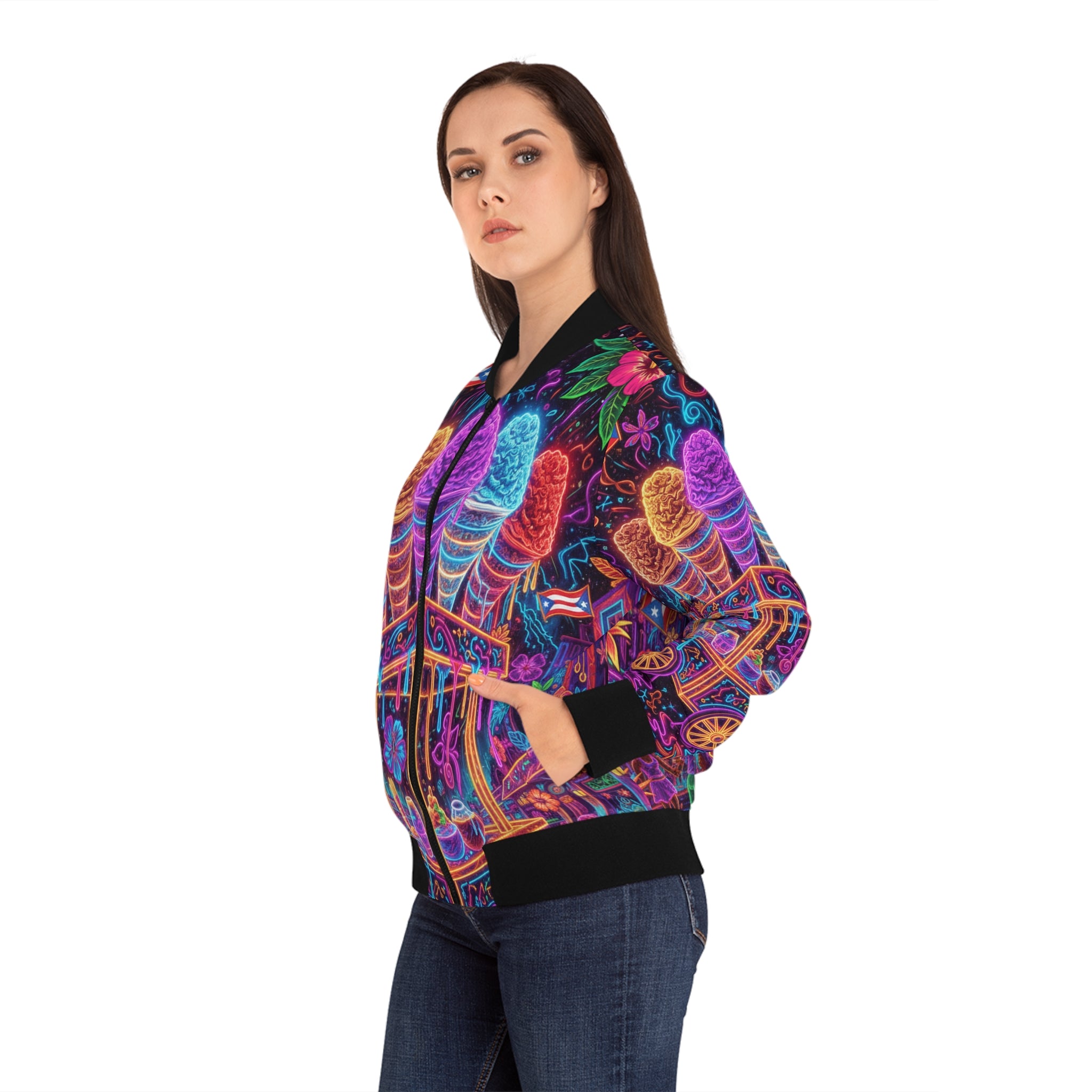La Piragua Cósmica Bomber Jacket — Neon Carnival Women's Bomber