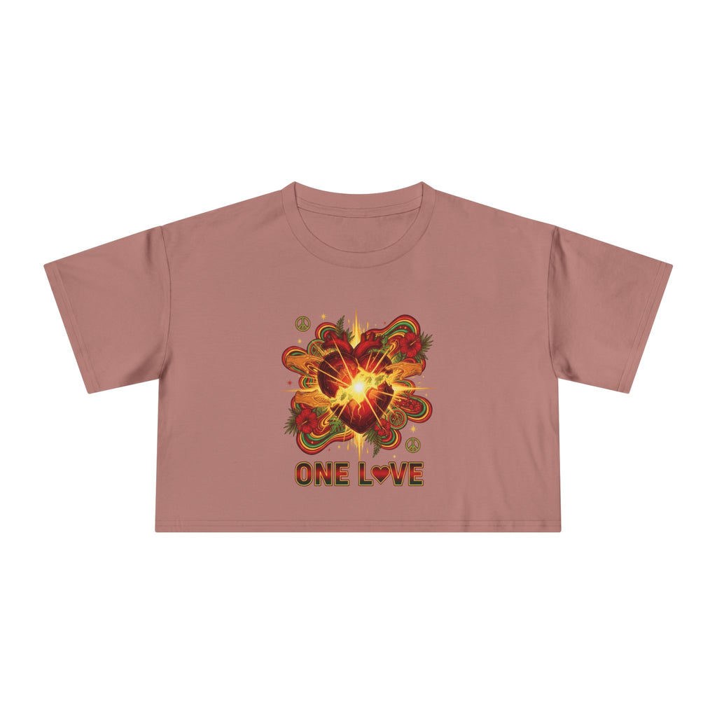 One Love Retro Heart Crop Tee — Women's Peace & Flower Power Graphic
