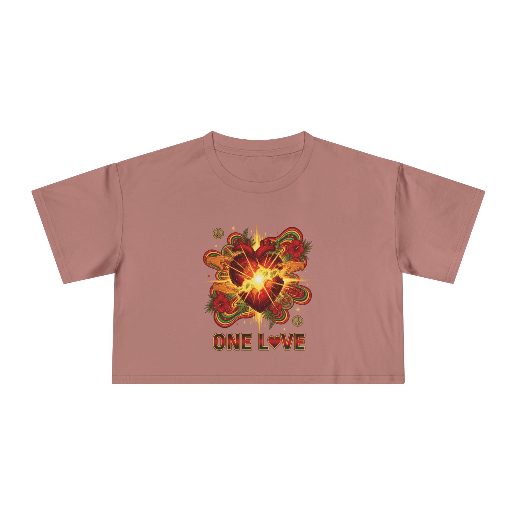 One Love Retro Heart Crop Tee — Women's Peace & Flower Power Graphic