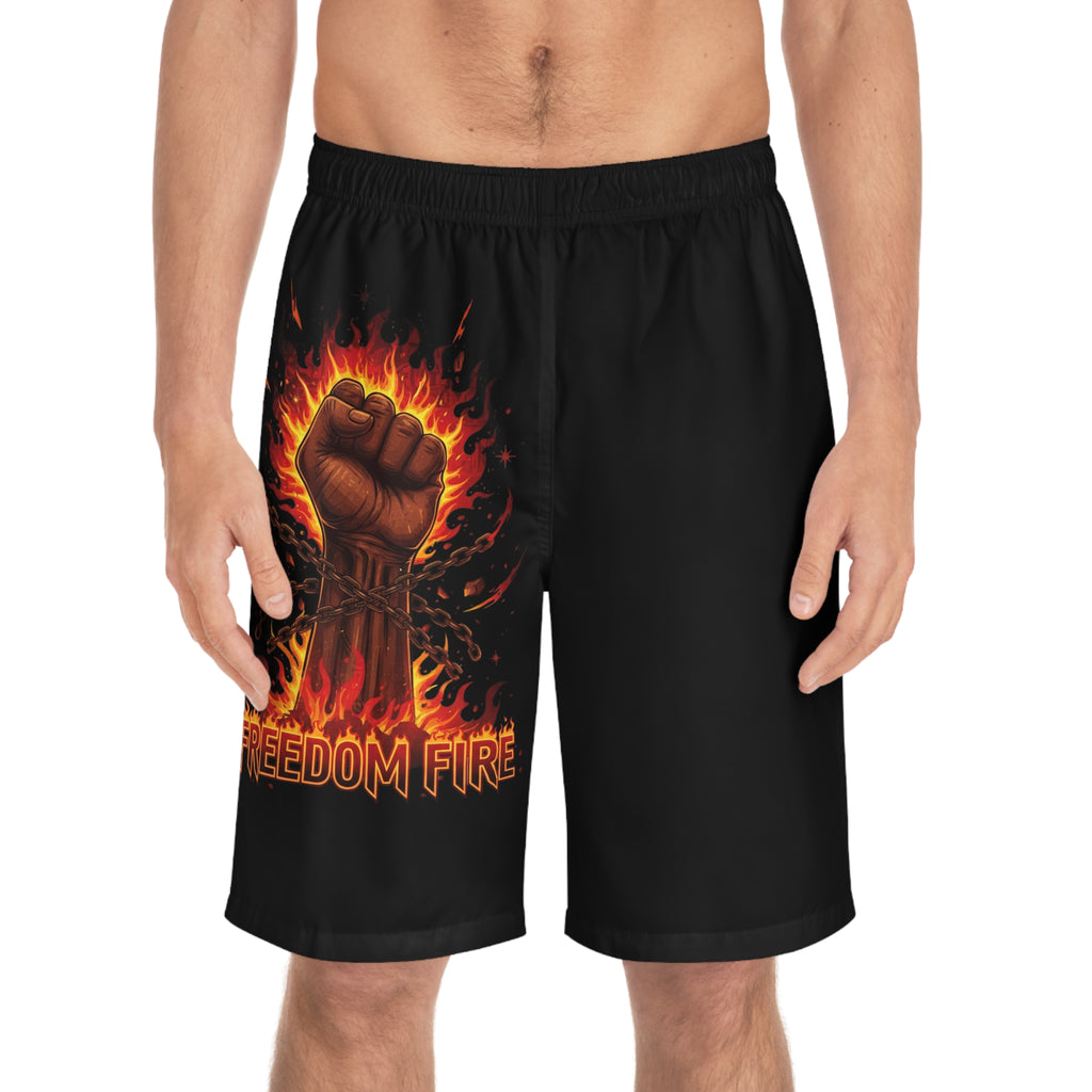 Freedom Fire Board Shorts — Men’s Flame Fist Swim Trunks