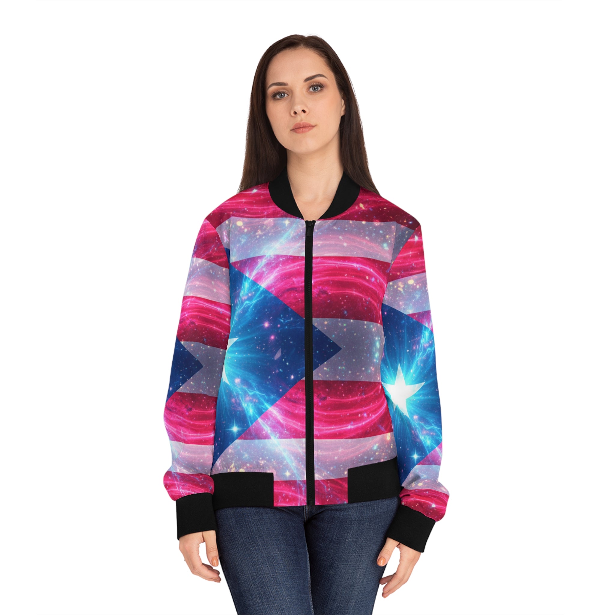 La Bandera Vive Bomber Jacket — Neon Flag All-Over Print