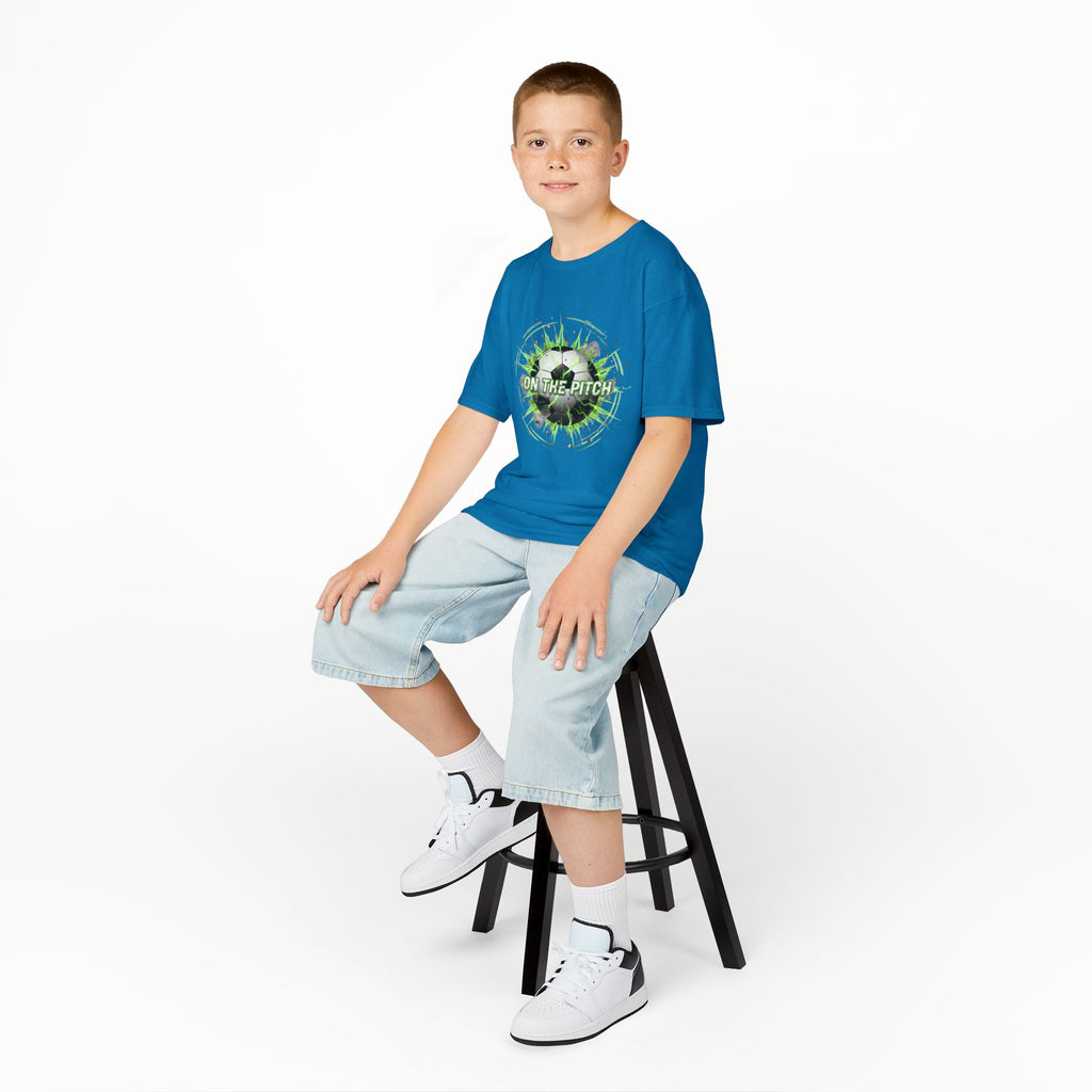 Kids Soccer T‑Shirt — 'On The Pitch' Green Splatter Design