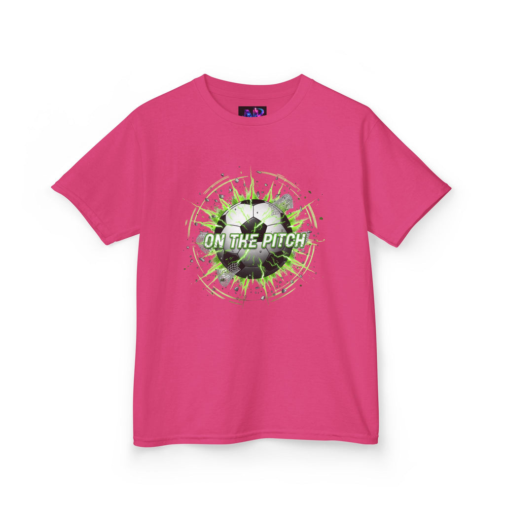 Kids Soccer T‑Shirt — 'On The Pitch' Green Splatter Design